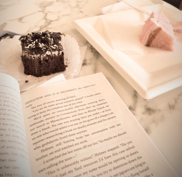 Reading book in bakery